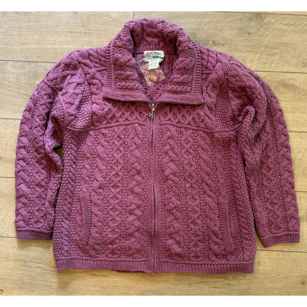 NEW ARAN CRAFTS PLUM MERINO WOOL ZIP FRONT CABLE KNIT CARDIGAN SWEATER COAT XXL - Picture 15 of 16